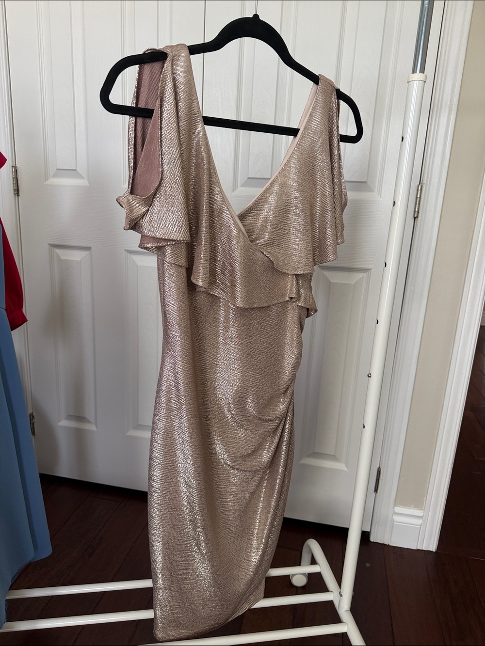 le chateau Metallic Rose Gold Ruffle Midi Dress